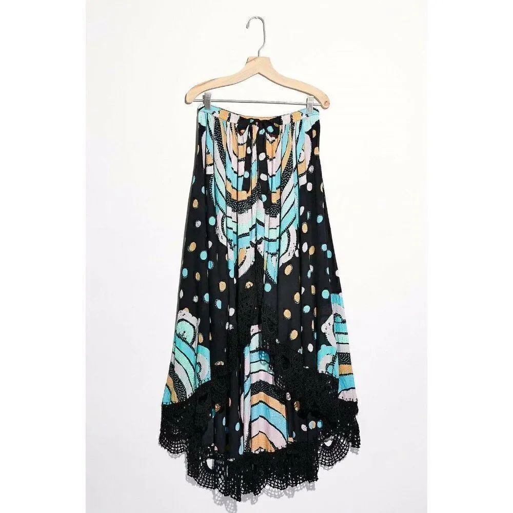 NWT FREE PEOPLE BALI Sz L OVER THE RAINBOW PRINTED CROCHET WRAP 1/2 SLIP SKIRT